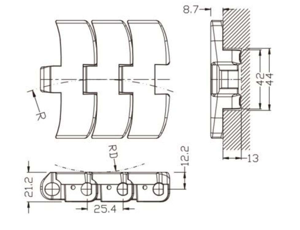 1060 Sideflex Run Single Hinge Chain Magnetic Bending Engineering Plastic Conveyor Chain With XLG PS Belt