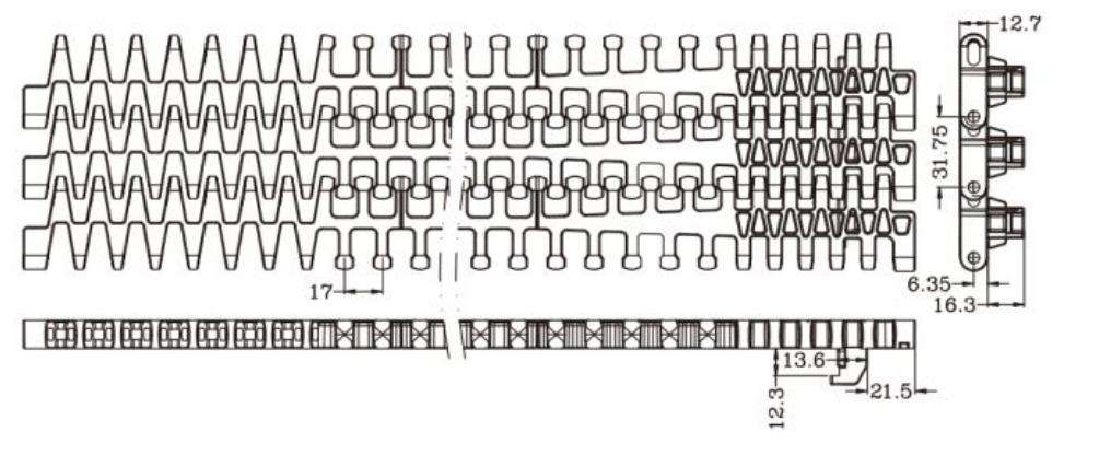 1285 Series Side Auto Radius Sideflex Run Flat Top Belt Plastic Chain