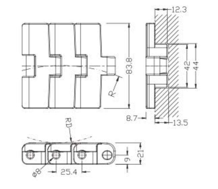 783 Engineering Plastic Sideflex Run Single Hinge Chain Magnetic Bending Conveyor Chain