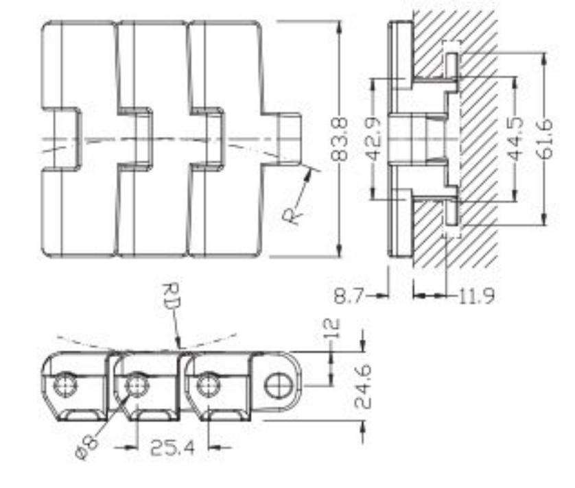 783 Sideflex Run Single Hinge Magnetic Bending Engineering Plastic Conveyor Chain Hook Foot Turning Plastic Chain