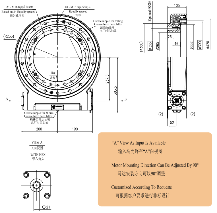 JW14 Ratio 86:1 Slewing Drive Gearbox Worm Gear Slew Drive for Beam Carrier Fog Cannon