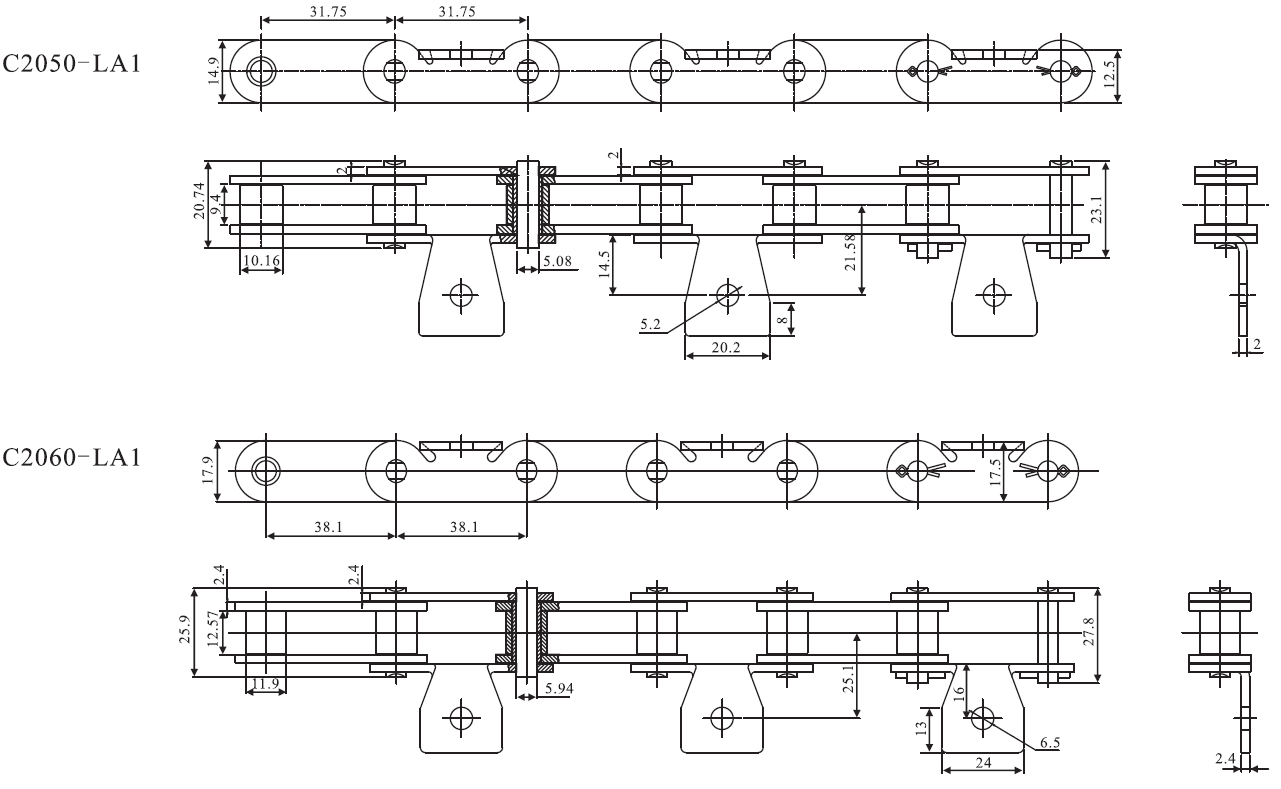 SSC224AHLSA2F1 Stainless Steel Double Pitch Conveyor Chain with Attachment SA1&SA2&SK1&SK2 and Sprockets in Steel