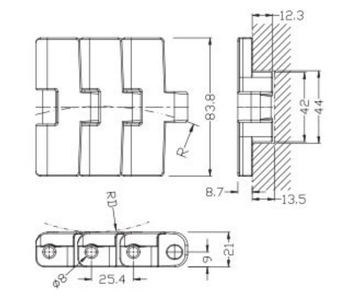 783 Engineering Plastic Sideflex Run Single Hinge Chain Magnetic Bending Conveyor Chain