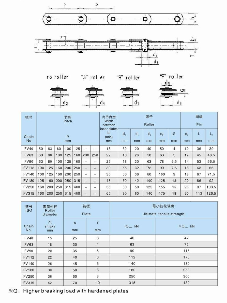 Factory Fv40 Fv63 Fv90 Fv112 Fv140 Fv180 Fv250 Fv315 FV Series Steel Conveyor Chains