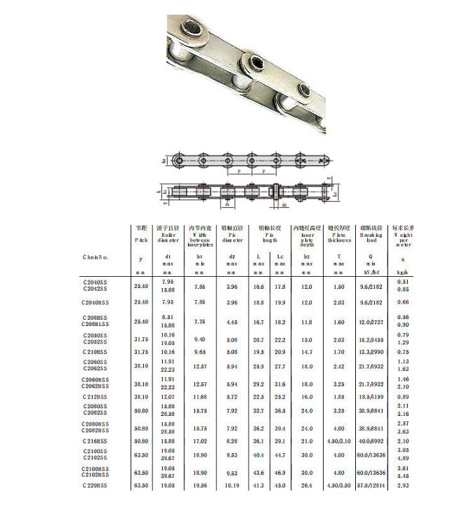 Stainless Steel Double Pitch Roller Chains C2040SS C2042SS C2040HSS C2050SS C2052SS C2060SS C2062SS C2060HSS C2062HSS C2080SS C2