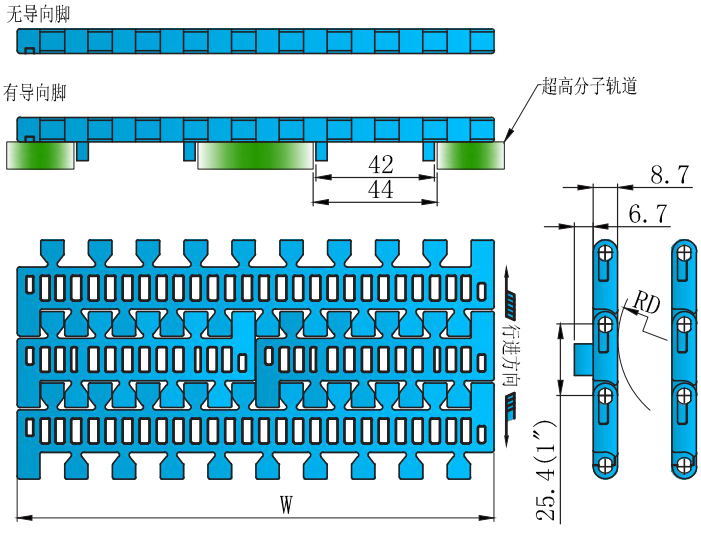 Promotional Various 1500 Series 25.4mm Pitch Hollow Chain Mesh Plastic Chain for Sale