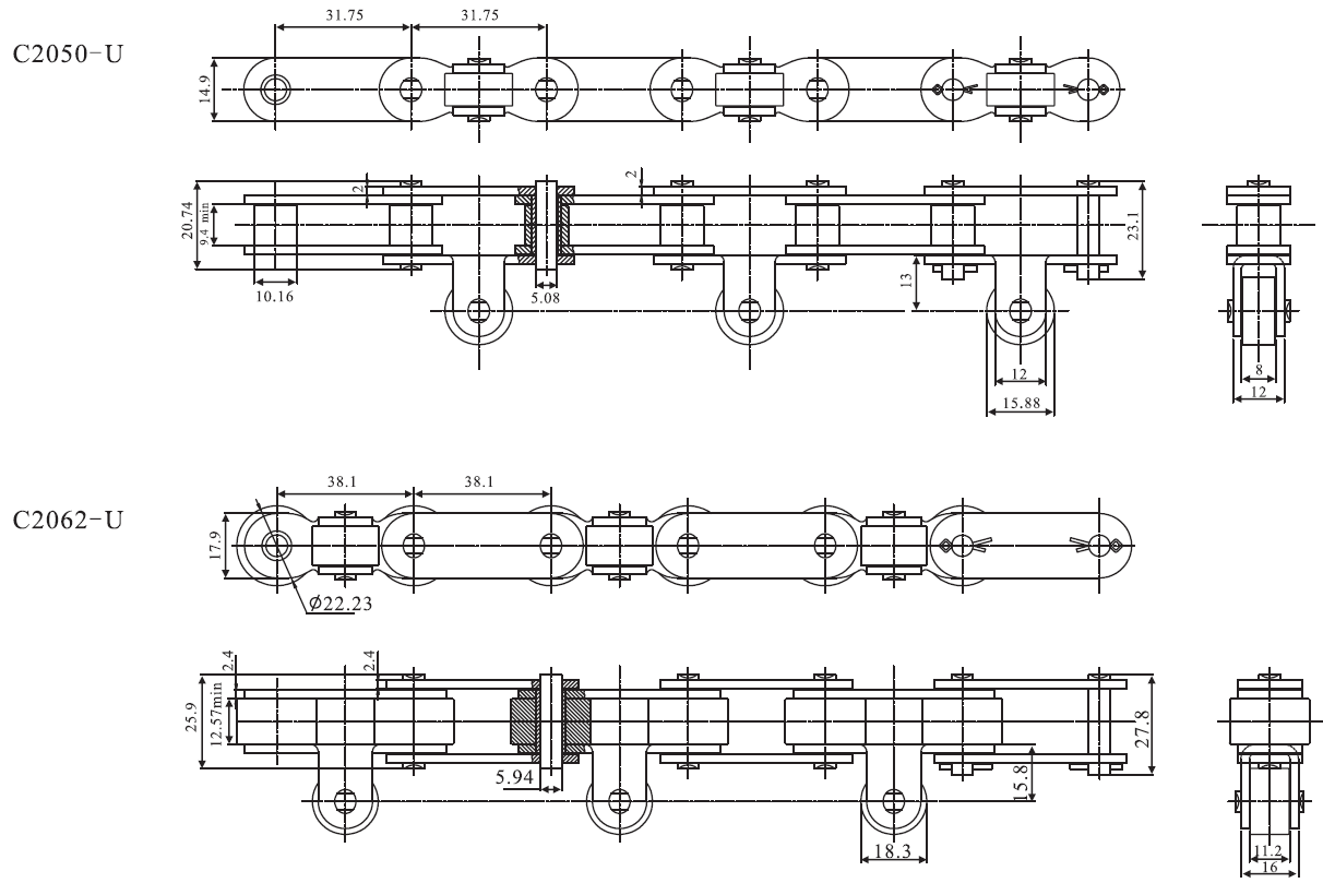 SSC224AHLSA2F1 Stainless Steel Double Pitch Conveyor Chain with Attachment SA1&SA2&SK1&SK2 and Sprockets in Steel