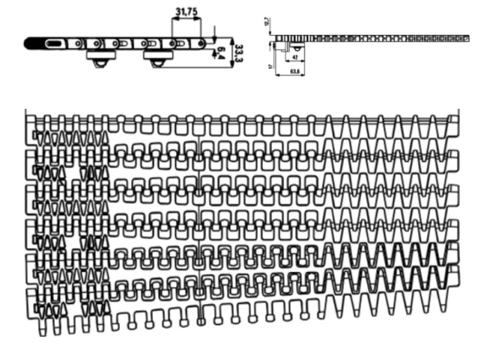 1285 Series Side Auto Radius Sideflex Run Variable Pitch Flat Top Belt Plastic Chain