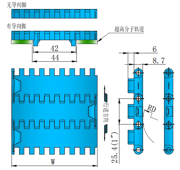 1000 Series 25.4mm Pitch Flat Top Straight Chain Plastic Chain for Sale